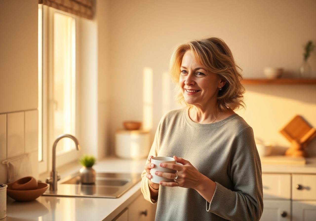 Woman enjoying a calm morning in a bright kitchen with a warm cup of tea